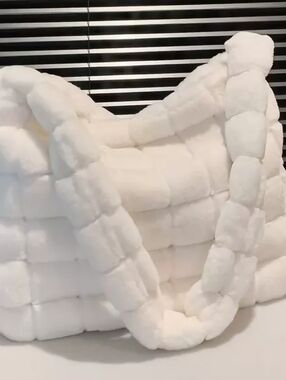 Plush Quilted White Shoulder Bag